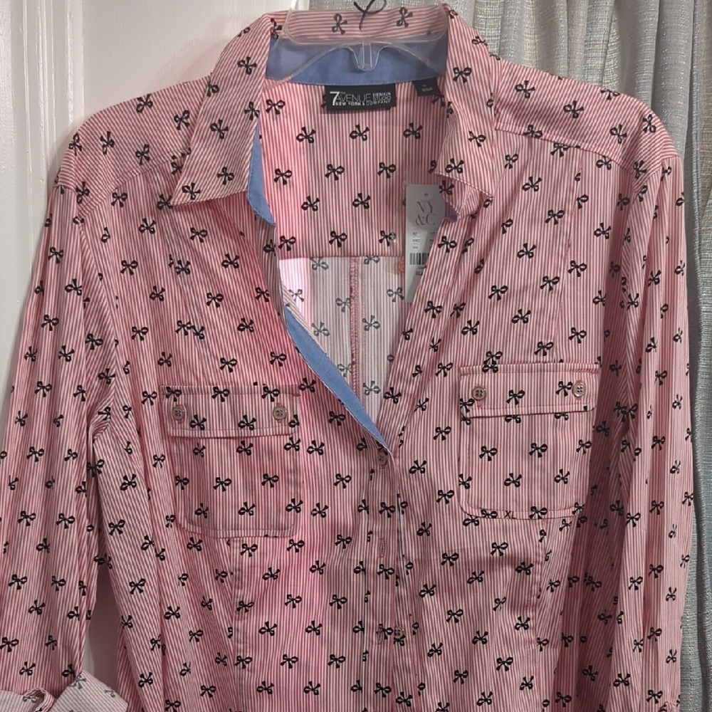 Pink Striped Button-Up with Black Bow Print